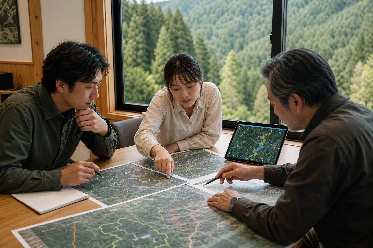 森林ポートフォリオの地図と投資条件を精査する担当者