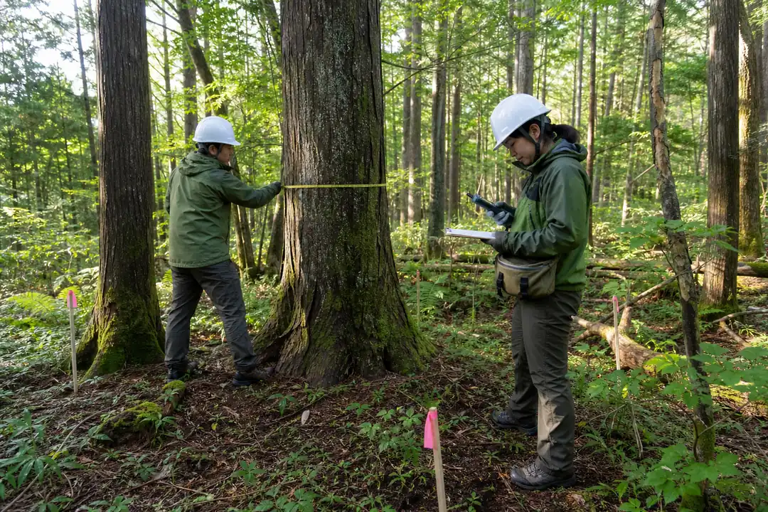 森林の炭素と生物多様性を現地モニタリングする調査員