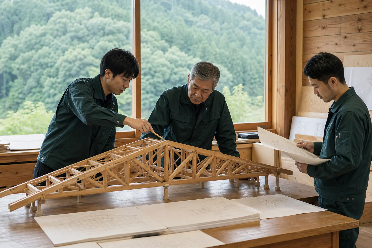 木造トラスの構造設計図を精査する設計チーム
