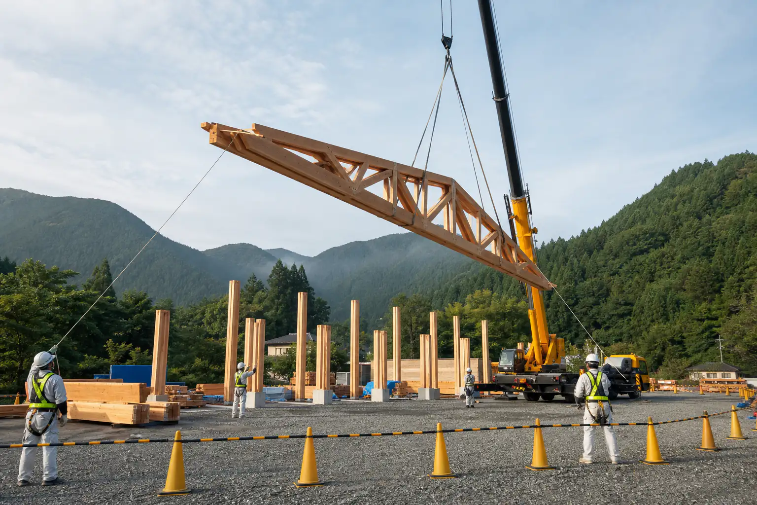 長スパン木造トラスを安全に建て方する施工チーム