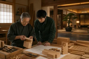 木造作 M&Aで特注家具の仕上がりと施工図を確認する買手と熟練職人
