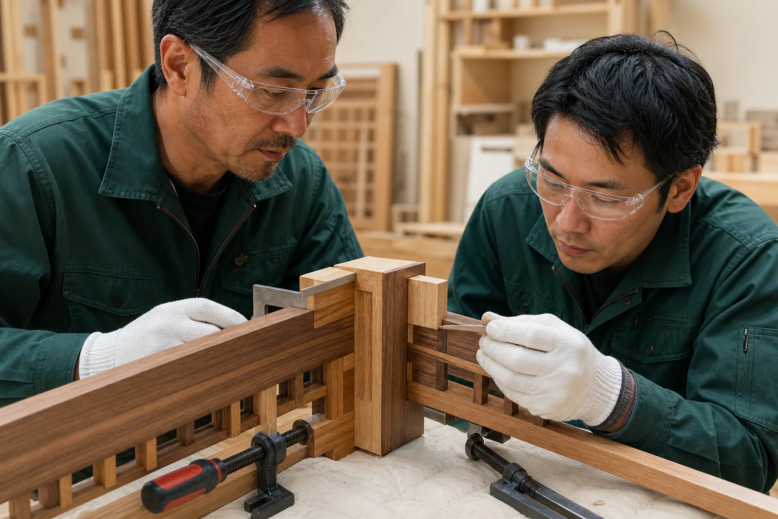 特注木造作の接合部と仕上がり精度を検査する職人