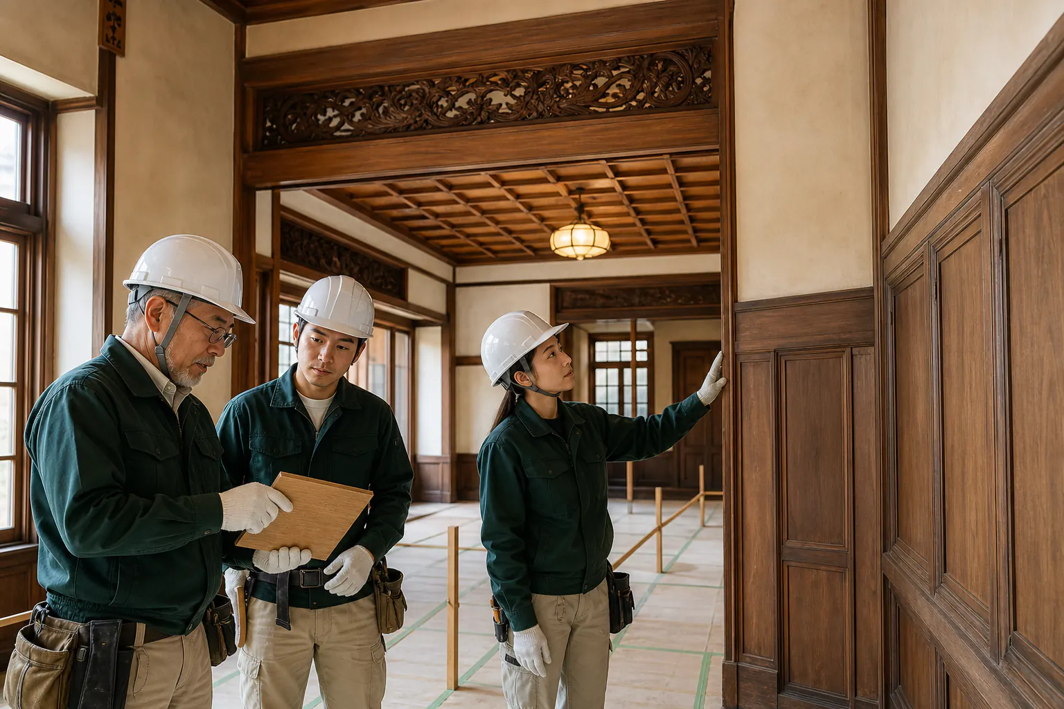 歴史的な木質内装空間で造作技術の承継を確認する担当者