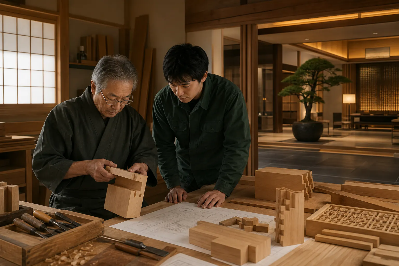 木造作 M&Aで特注家具の仕上がりと施工図を確認する買手と熟練職人
