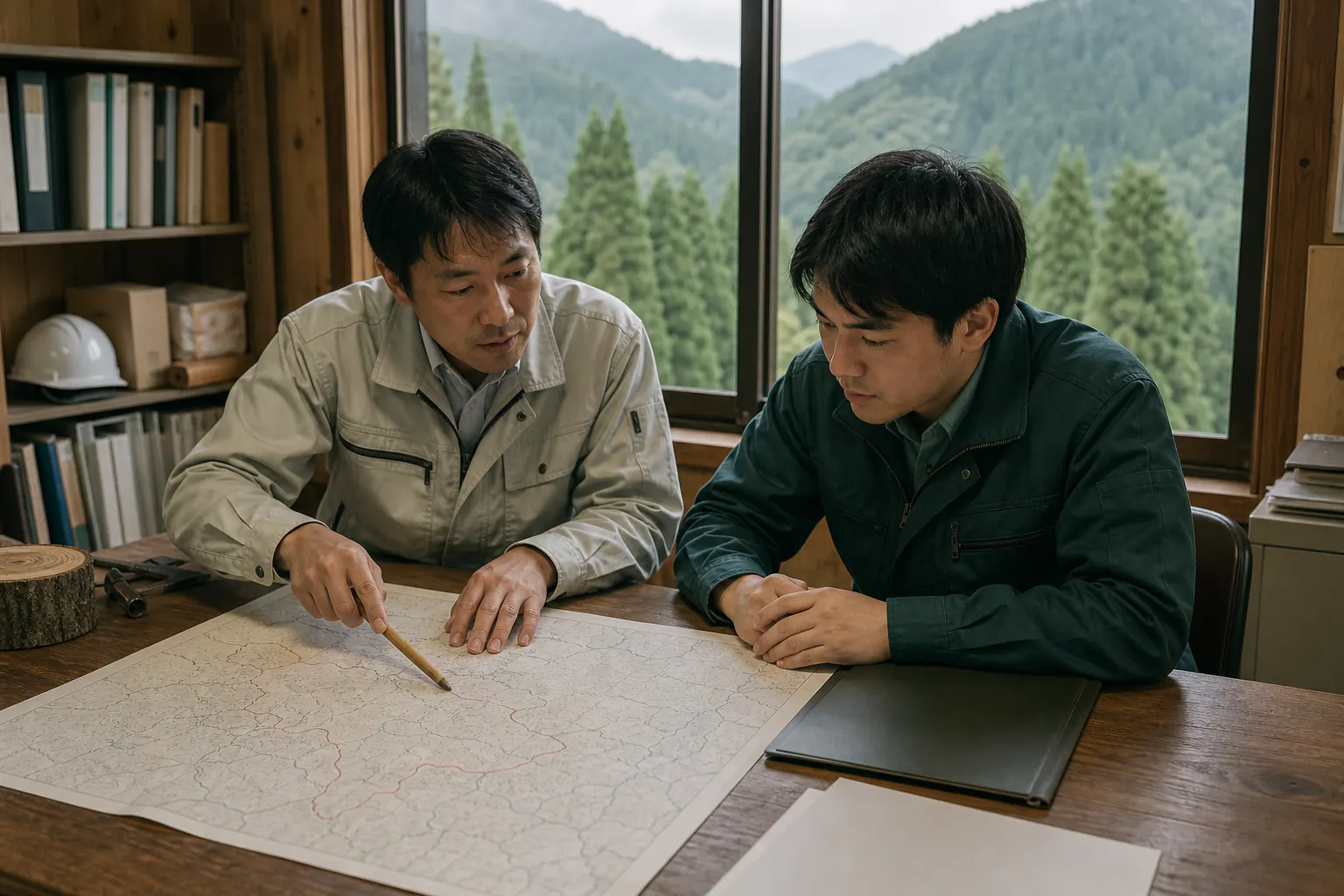 林業会社の山林境界図と契約資料を確認する承継担当者