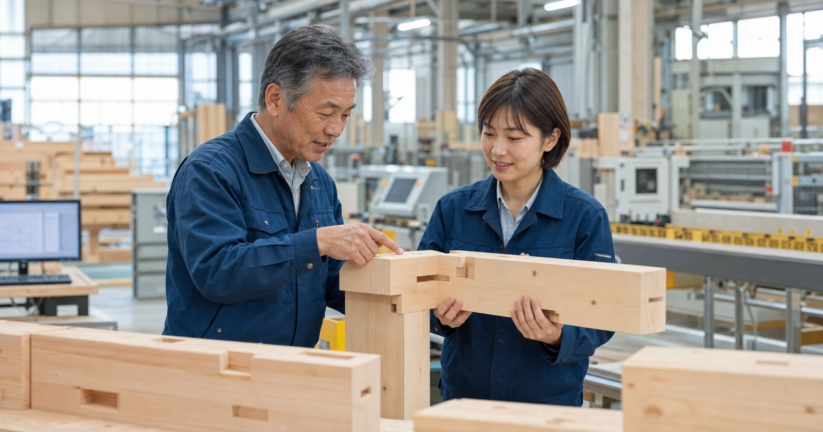 プレカット工場の人手不足についてCAD画面を前に話す経営者と技術責任者