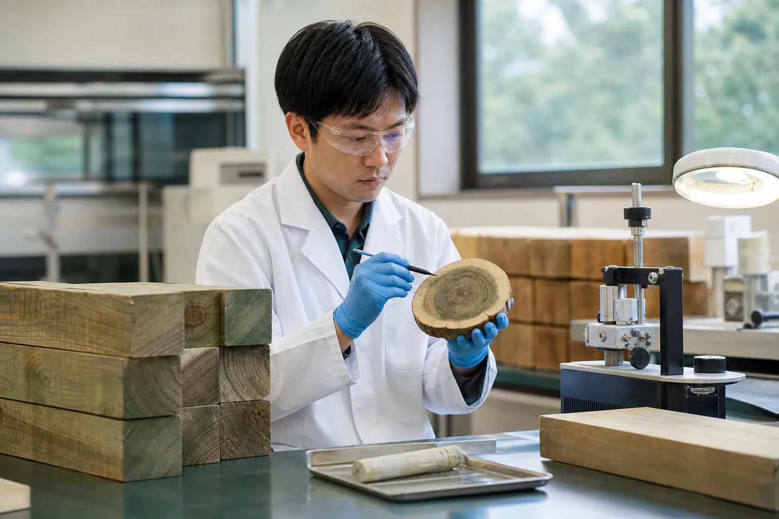 保存処理木材の断面と品質試験結果を確認する担当者
