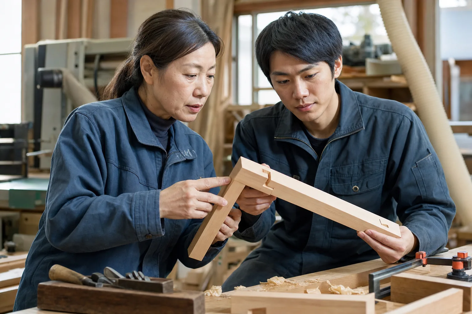 木組みの加工精度を確認する木工職人と若手技術者