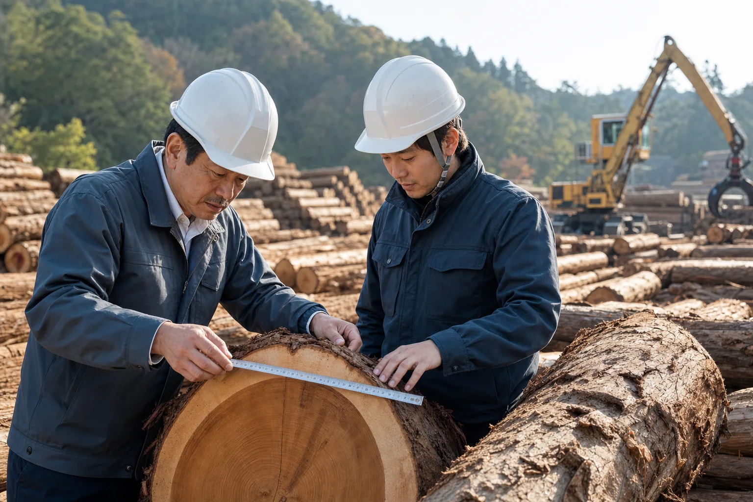 原木の品質と寸法を確認する木材会社の経営者と若手担当者