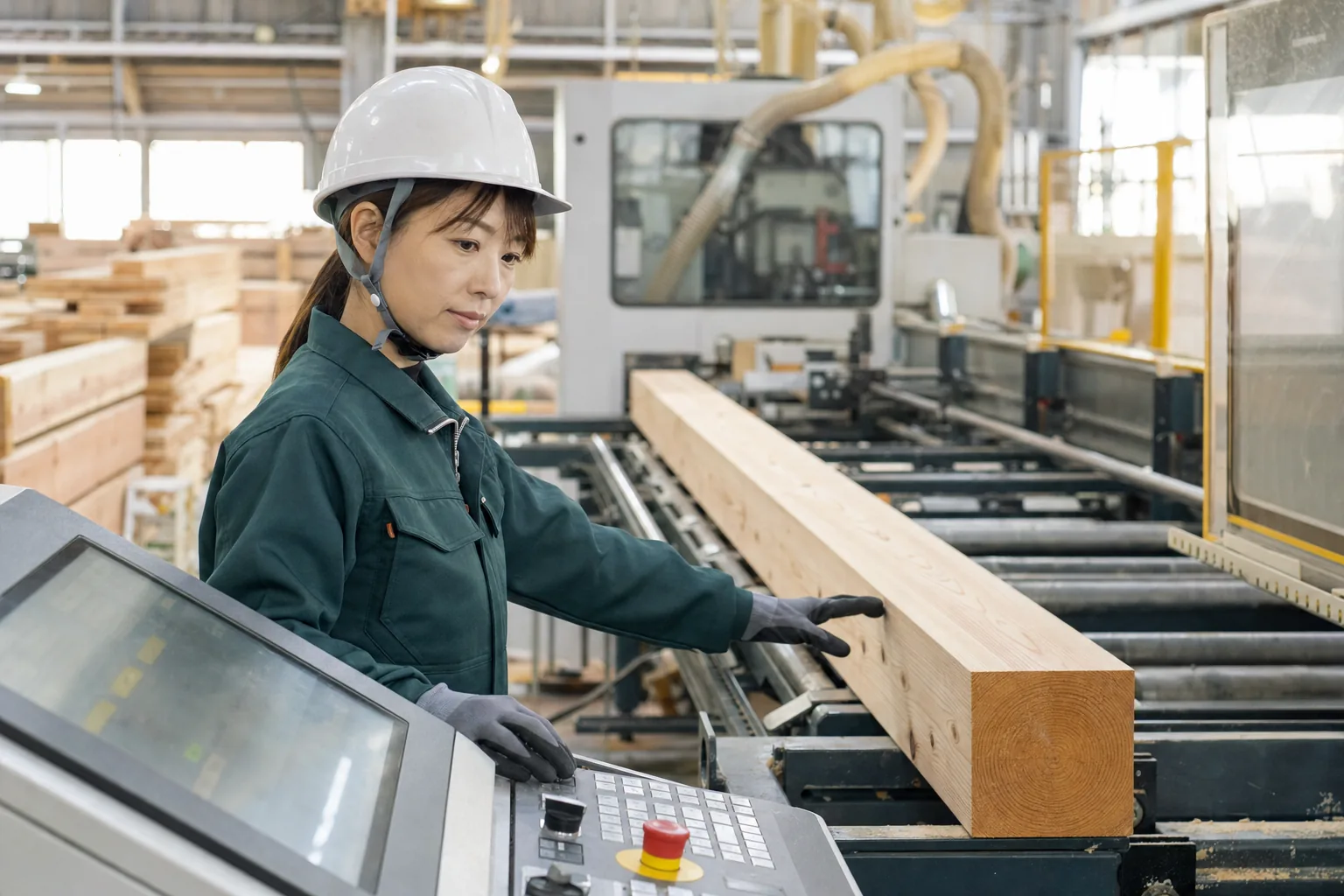 プレカット設備を操作する木材加工会社のオペレーター