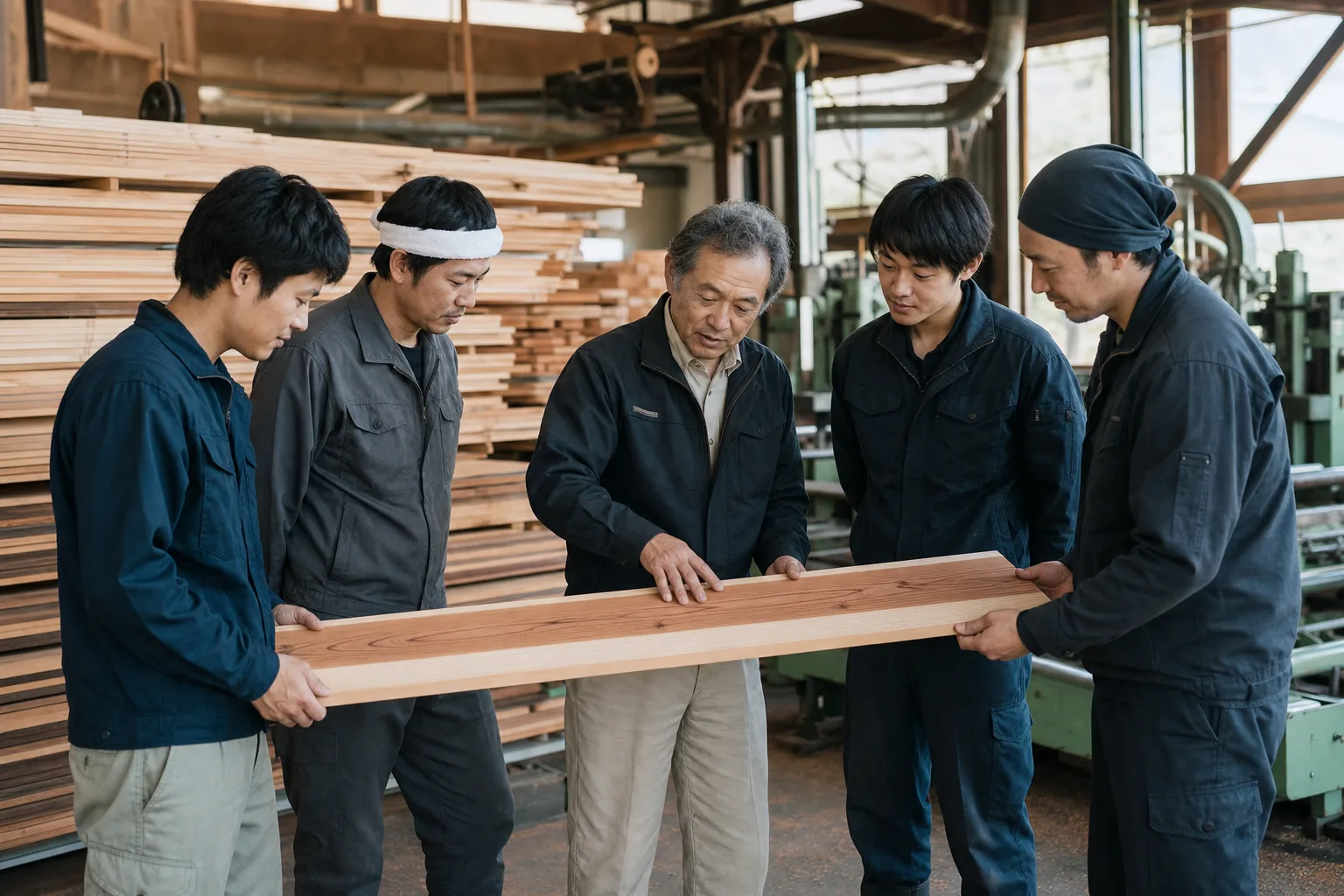 製材工場で技術を確認する経営者と若手の木材職人