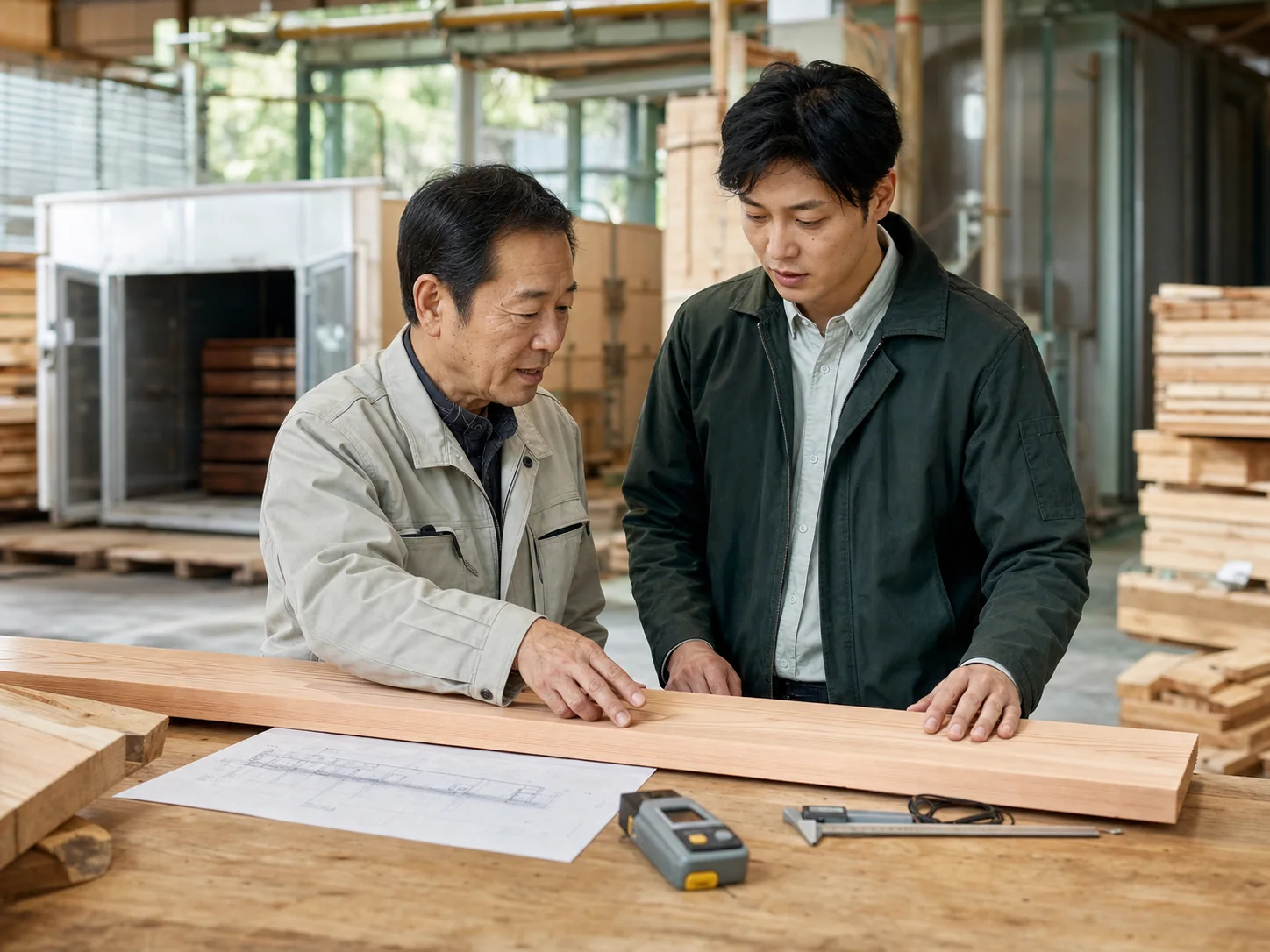 製材所で木材の品質と設備資料を確認する経営者と担当者