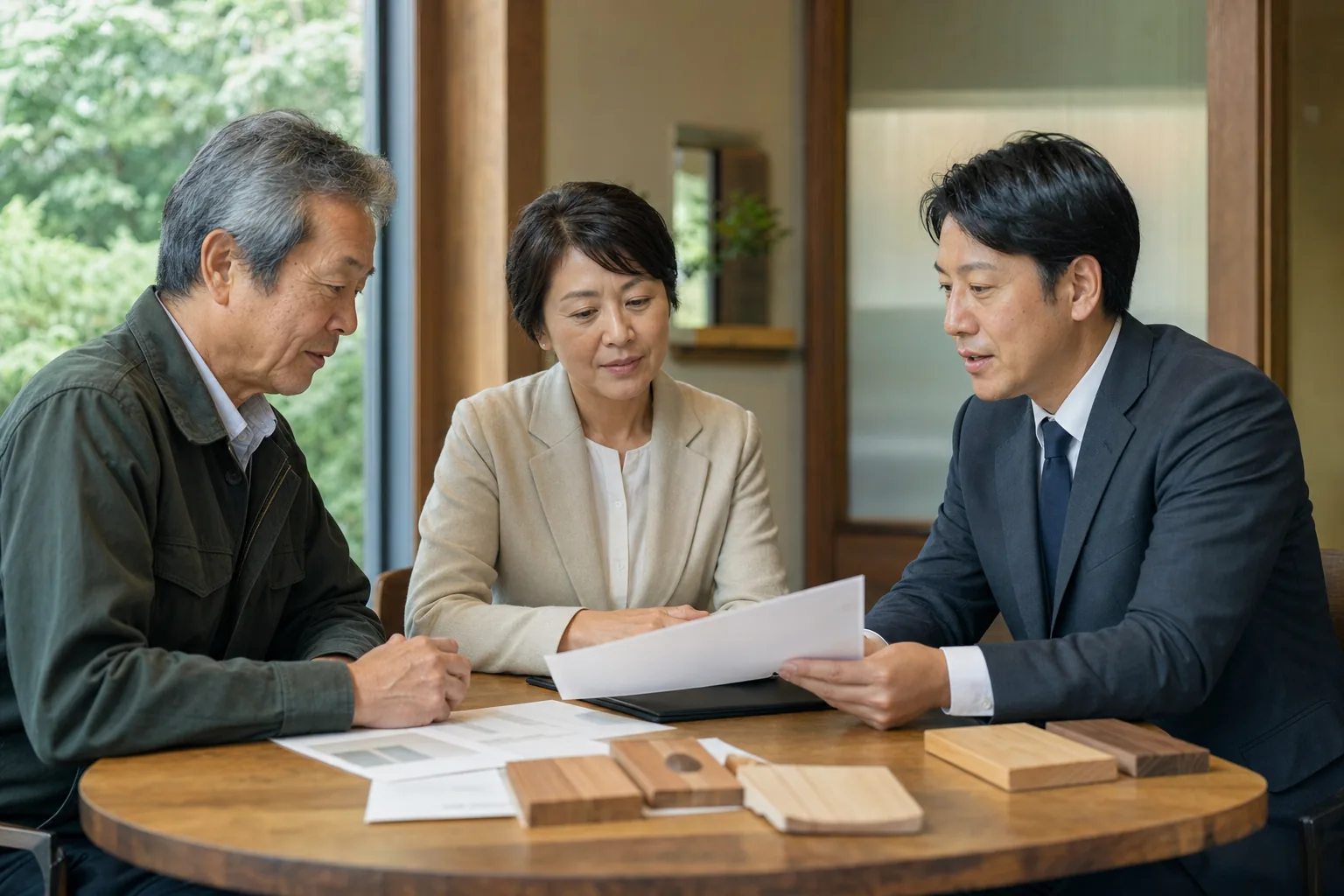 個室で木材会社の事業承継を相談する経営者と家族役員、M&A担当者