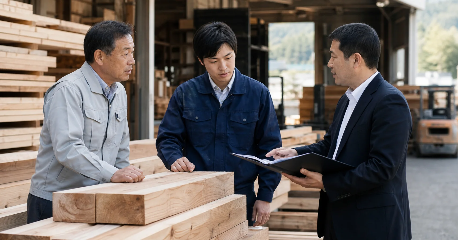 製材所で木材を確認しながら事業承継の条件を話し合う経営者・後継候補者・相談員