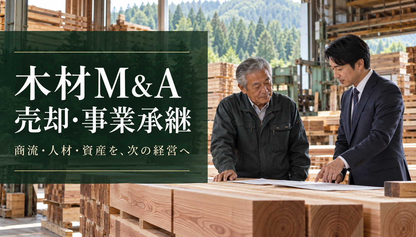 木材M&A・売却・事業承継。製材工場で経営相談するオーナーとアドバイザーを描いたイメージ
